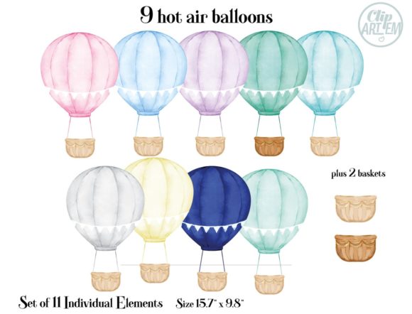 9 Hot Air Balloons Bundle Watercolor for Editorial and Web Design