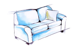 Blue Sofa with Yellow Pillow in Sketch Watercolor Style for Home Projects