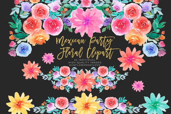 Mexican Fiesta Flower Watercolor Clipart and Illustrations