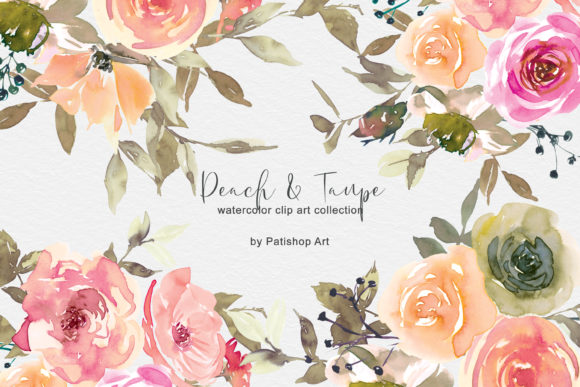 Peach Taupe Floral Clip Art Watercolor Illustrations