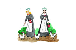 Pilgrims Feeding Chickens Watercolor: A Thanksgiving Design Asset with Heart