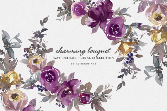 Purple Violet Watercolor Clipart Set and Illustrations