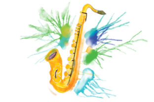 Saxophone in Paint Splatter Watercolor Style for Music Branding