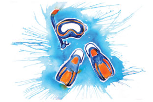 Snorkle and Flippers in Paint Splatter Watercolor Style: A Summer Graphic Design Asset for Polished Content