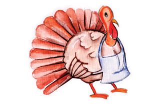 Turkey Wearing Apron in Watercolor for Thanksgiving Design Projects