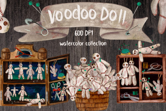 Voodoo Doll Watercolor Set Illustrations