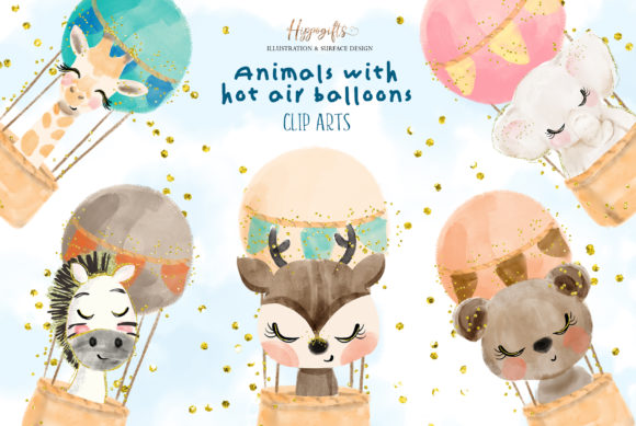 Watercolor Animals with Hot Air Balloon Illustrations