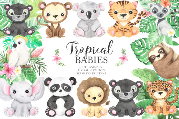 Watercolor Tropical Animals Clipart for Small Business Branding