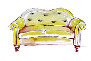 Yellow Sofa in Sketch Watercolor Drawing Style for Home Design Projects